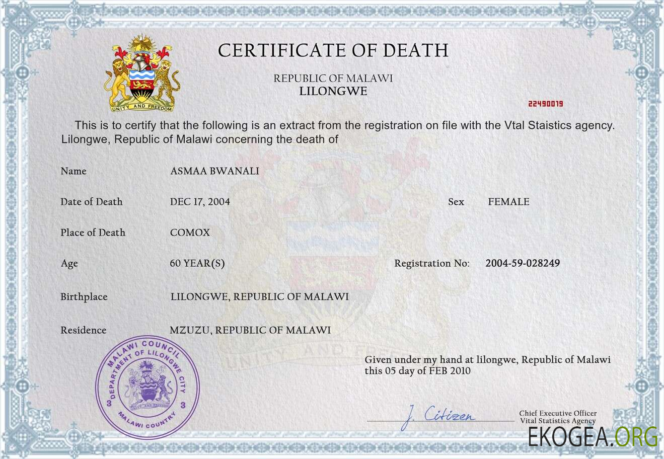 Acte de décès du Malawi